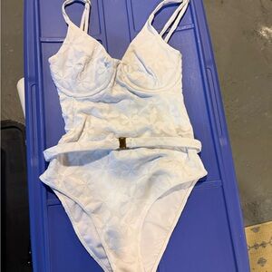 Kenny Flowers White Floral Textured One-Piece with Gold Buckle